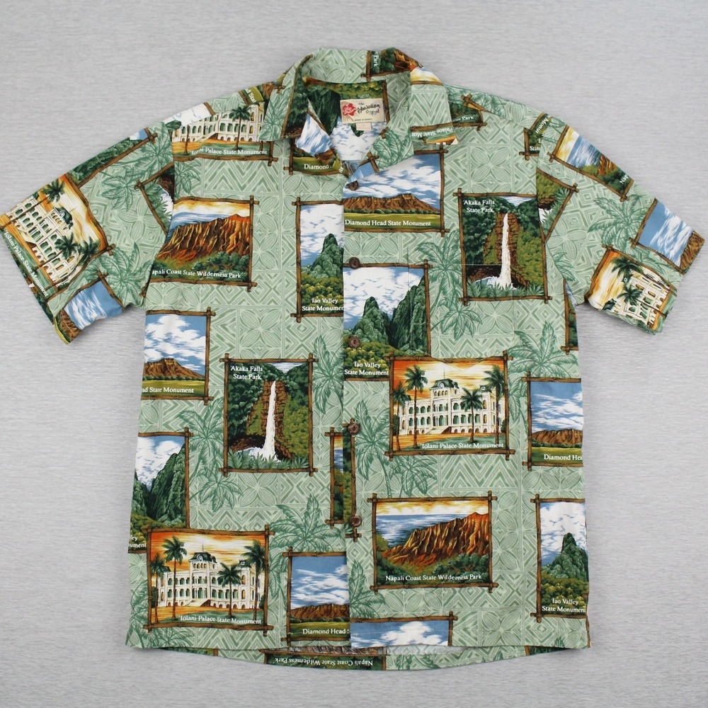 Hilo Hattie Hawaiian Shirt Mens Size M Green Cotton Short Sleeve Aloha